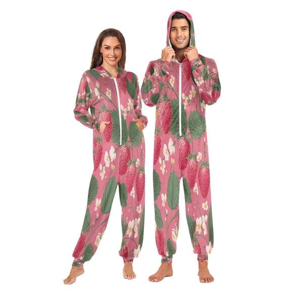 1 Piece Adult Onesie Pajamas Cozy & Loose-Fit Sleepsuit Loungewear with Pockets Strawberries and Green Leaves X-Small