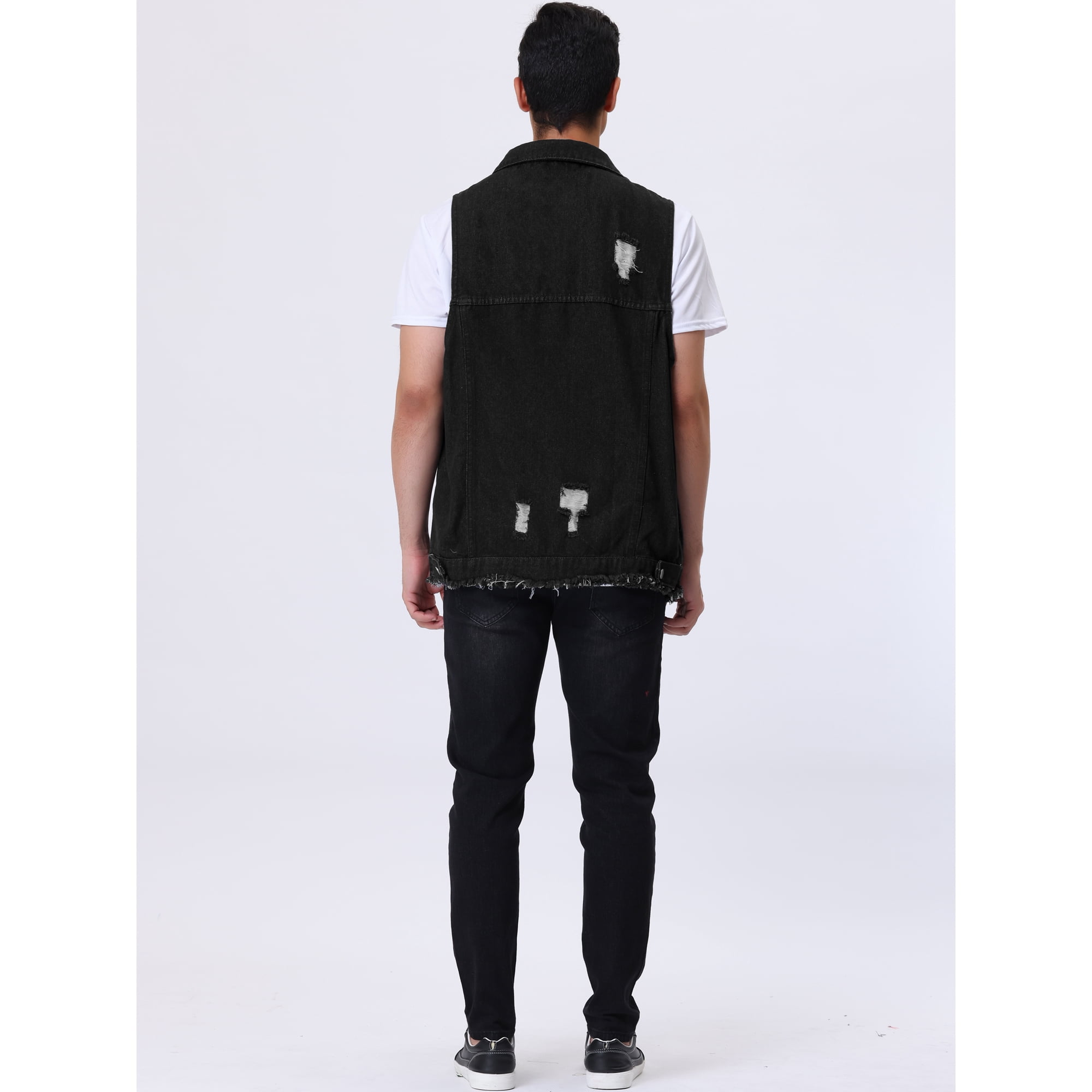 Unique Bargains Veste Sans Manches en Jean Dechire Homme Noir L