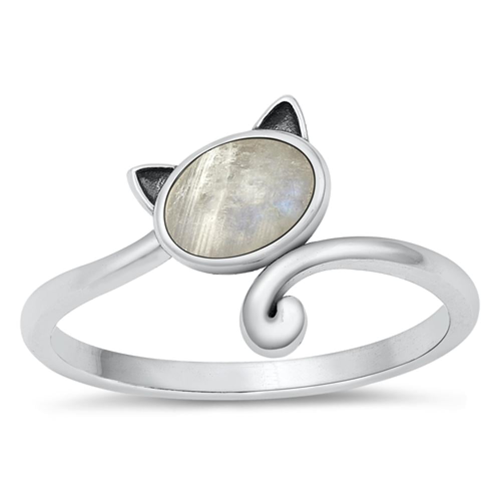 CHOOSE YOUR COLOR Moonstone Ring 925 Sterling Silver Cat Animal Spoon Band White CZ Female Size 9