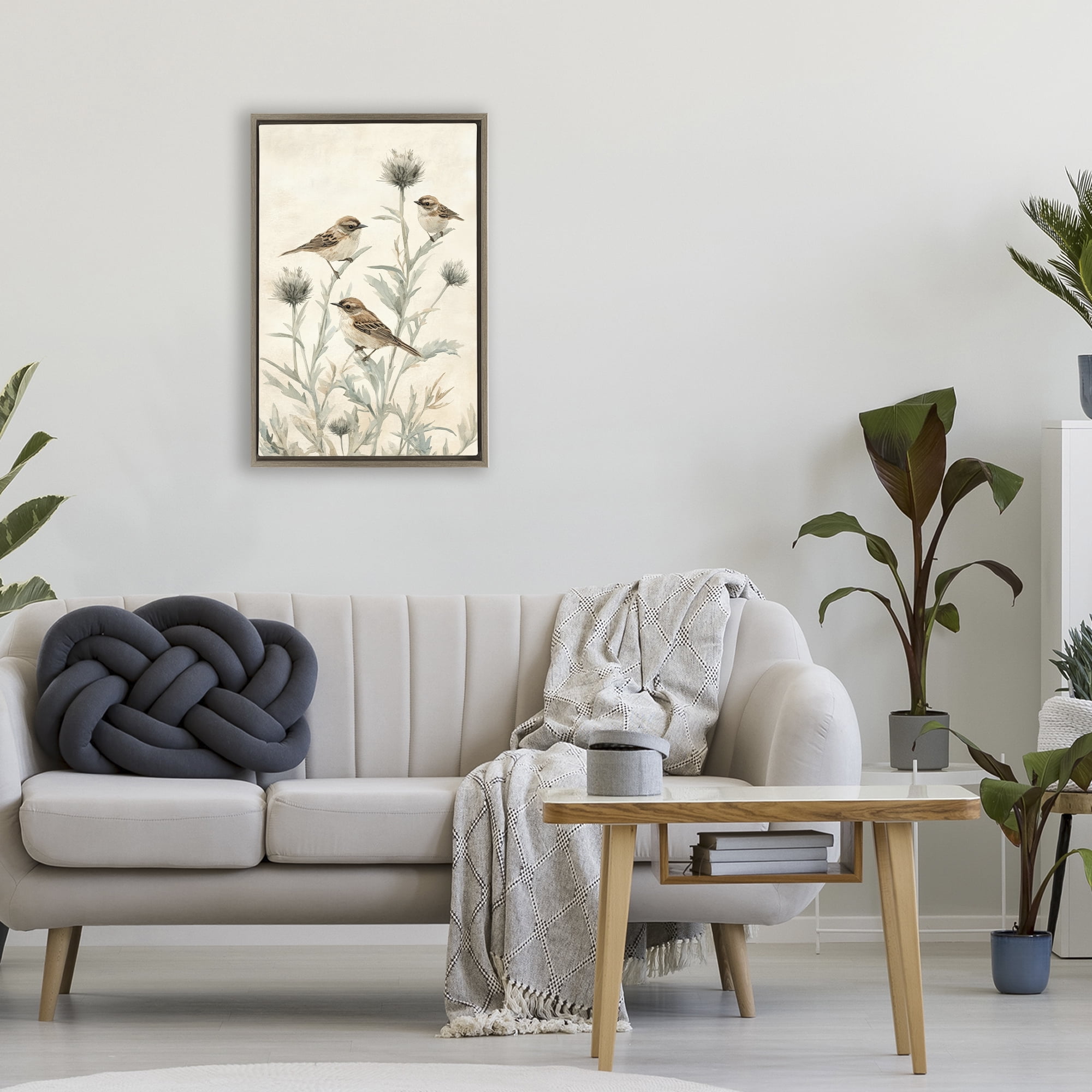 Stupell Industries Sparrows on Thistle Stems Brown Framed Floater Canvas Wall Art, design by Petal Prints Design
