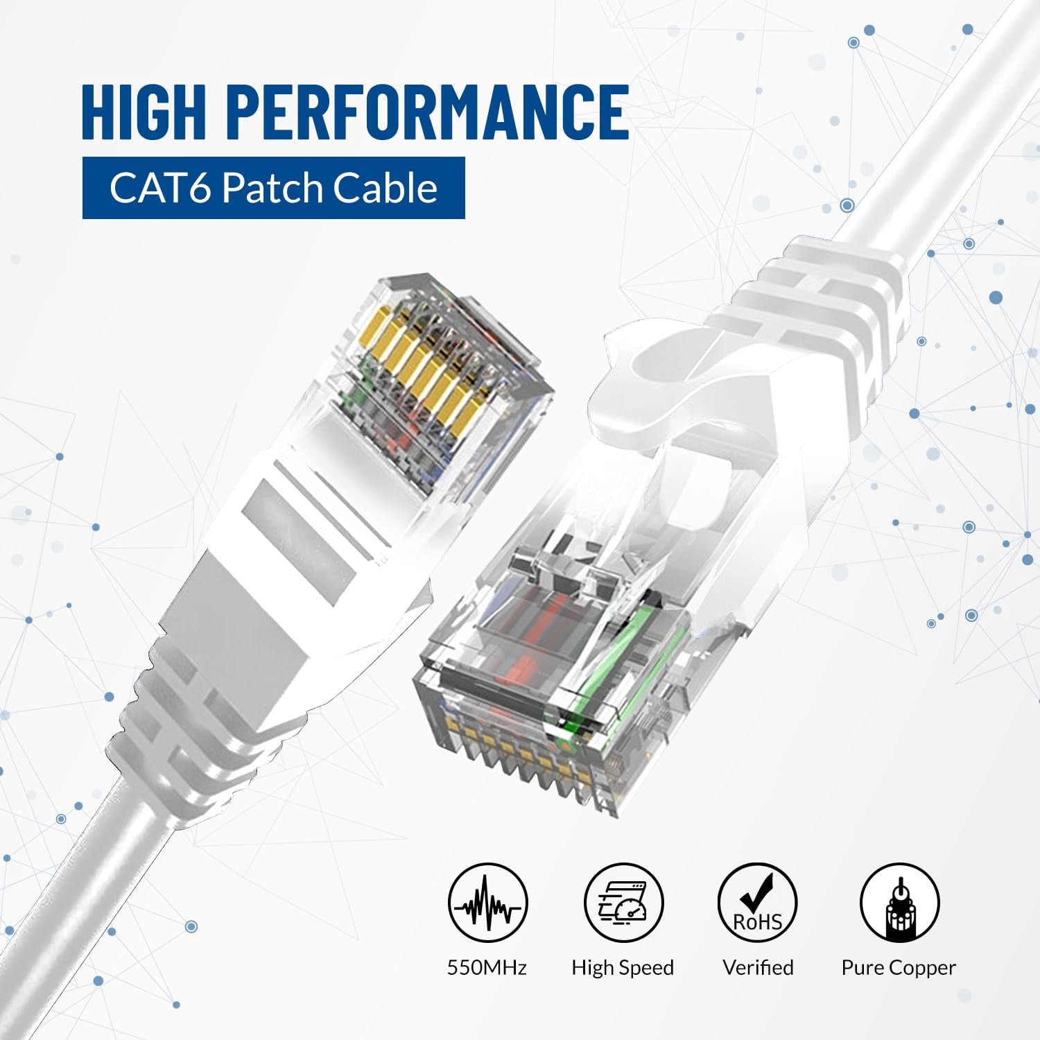 NewYork Cables CAT6 Ethernet Patch Cable, RJ45 Pure Copper LAN Network Cord, 10-Pack White 10ft
