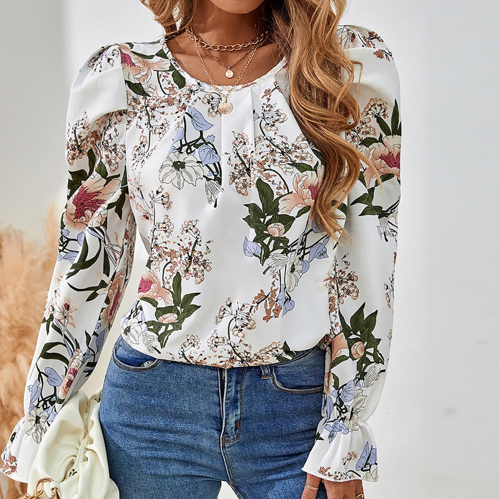 Womens Long Sleeve Knit Tops Round Neck Women Fashion Casual Print Round  Neck Loose Long Sleeves T-shirt Top Blouse Pullover Print T Shirt Three  Quarter Sleeve Tops Print Long-sleeved Sweatshirt 