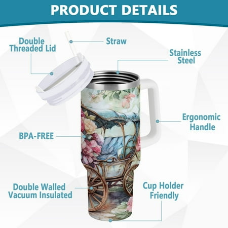 

BZSMCE Tumbler 40oz Insulated Stainless Creative Victorian Carriage with Roses Pattern Steel Water Bottles