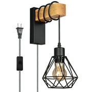Modern Plug in Cord Black Cage Wall Lamp - Retro Wood Pendant Lamp Adjustable Hanging Wall Mount Light Fixture - Wall Sconces Decoration for Indoor Living Room Bedroom