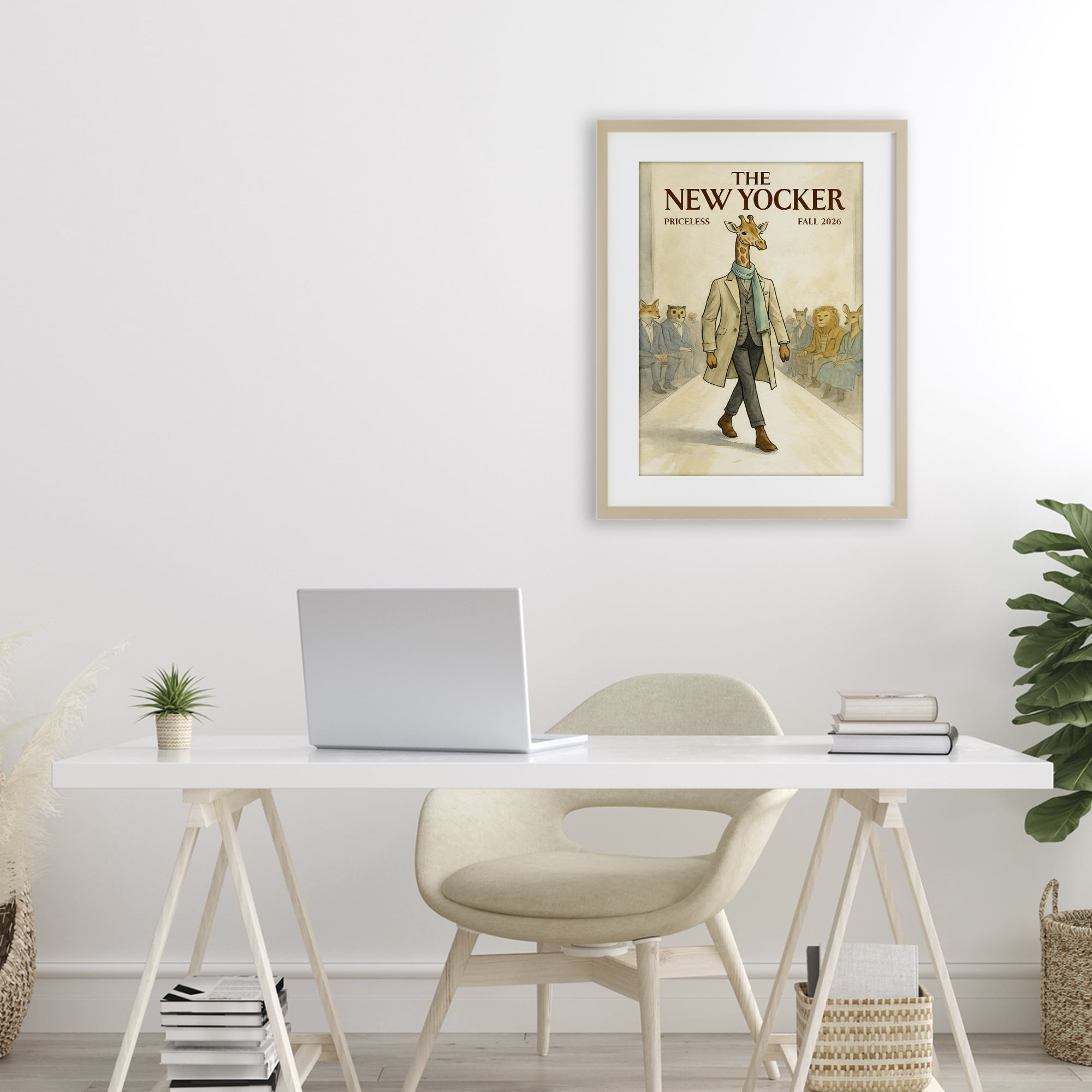 Stupell Industries New Yocker Giraffe Model Birch Framed Print Under Glass, design by Grotto Studios