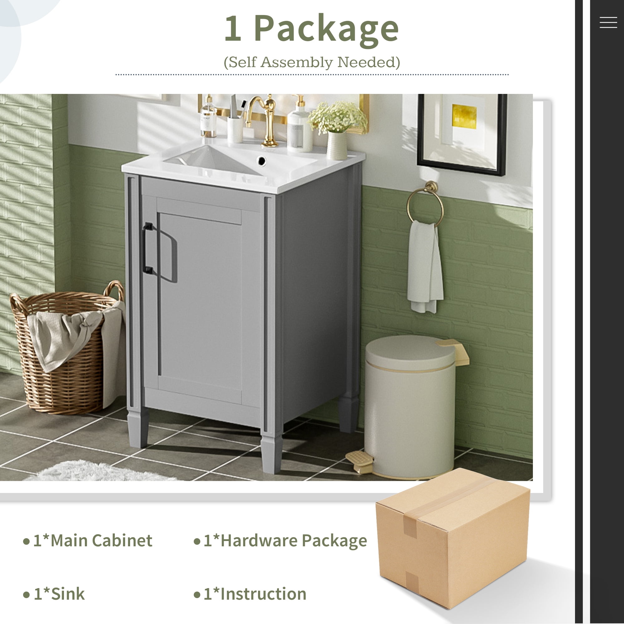 Euroco 20" Gray Bathroom Vanity with Ceramic Sink, Soft Close Door, Adjustable U-Shaped Shelf, Door Storage Rack, Modern Freestanding Cabinet for Small Bathrooms