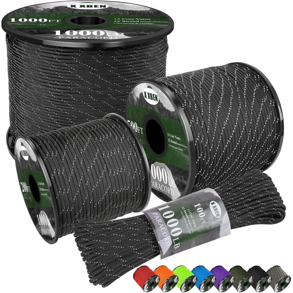 X XBEN Paracord Reflective 1000lb, 50/100/200/500/1000ft 4mm, 13 Strand Paracord Rope, Tactical Parachute Cord for Camping, Fishing, Clothesline, Hammock, Tent & Survival Bracelet