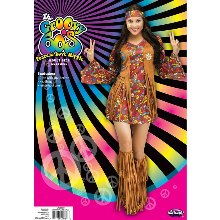 Fun World Peace and Love Hippie Multi-Color Halloween Costume Set, Women  Female Adult 
