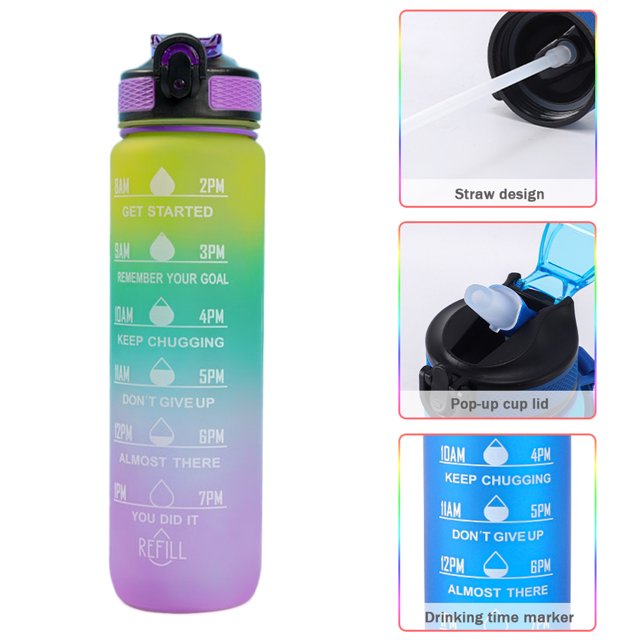 Vasos de agua de 1000ml, hervidor deportivo con degradado de paja para adultos y niños (amarillo, verde, morado) Ndcxsfigh Libre de BPA