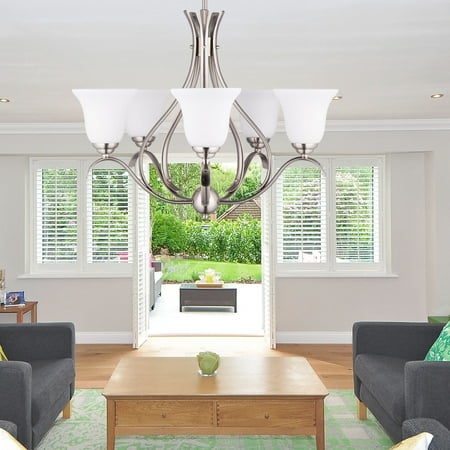 Opal Cased Globe Pendant - Five Light Chandelier Pendant w/ Satin Etched Cased Opal White Glass Shade