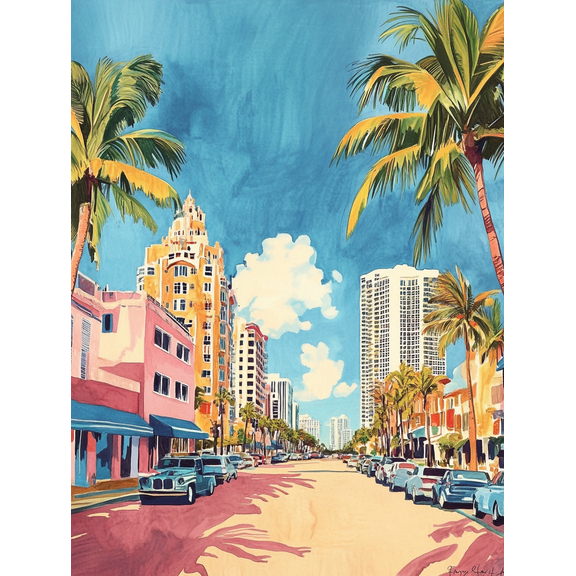 Miami Beach Street Scene Canvas Print/Wall Art, Perfect for Living Room, Bedroom, Office, Hotel, and Restaurant Decor