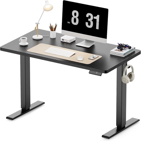 GLZ'HOME 40x24 Inches Height Adjustable Electric Standing Desk with 2 Hooks for Home Office, Ergonomic Sit Stand up Desk with Splice Board, Black
