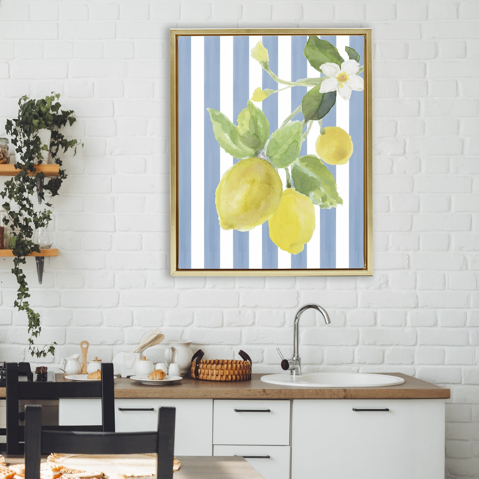 Stupell Industries Lemon Blossom on Blue Stripes Gold Framed Floater Canvas Wall Art, design by Lanie Loreth