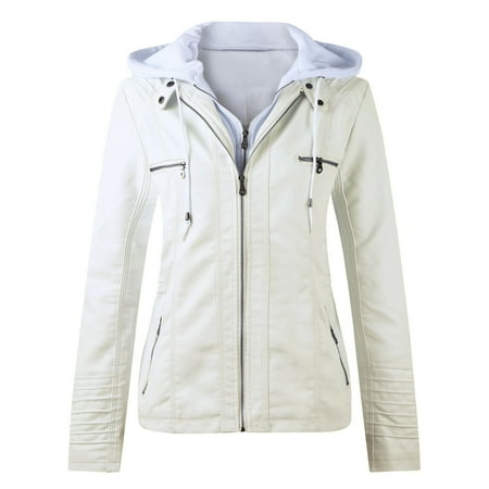 Women s Slim Leather Stand Collar Zip Motorcycle Suit Belt Coat Jacket Tops Leather Leather Jackets Coats Coats for Women White L