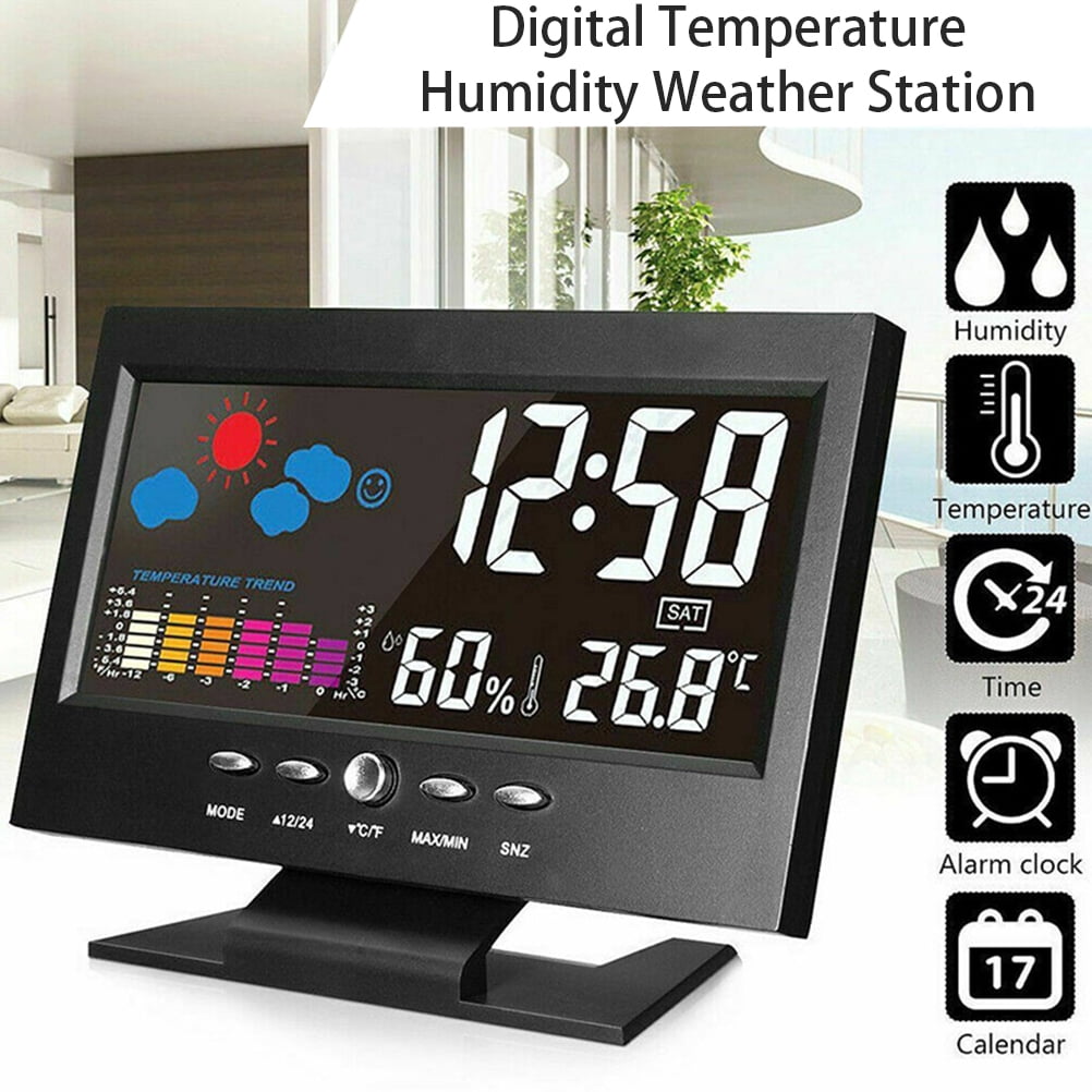 Digital Display Thermometer humidity clock Colorful LCD Alarm Calendar Weather E 