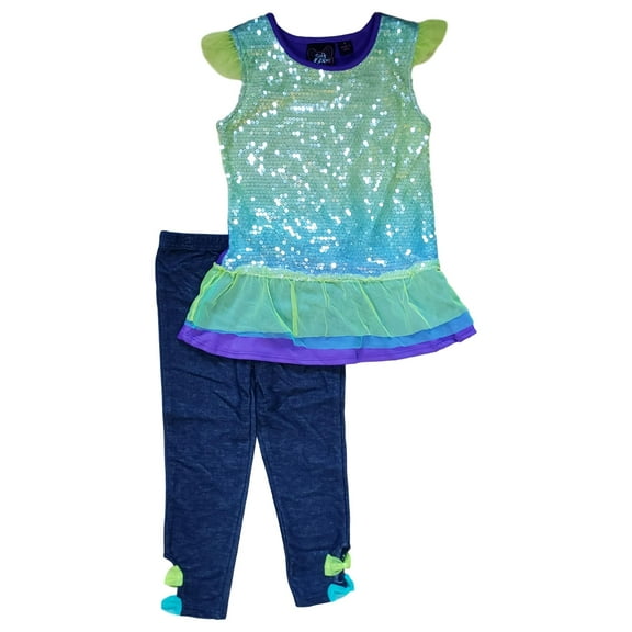 Girls Green Faded Sequin Tulle Ruffled Tank Top & Pants 2 Piece Dressy Set 5