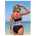 thumbnail image 5 of Bikini Set for Women Black Color Block, Halter Top High Waist Swimsuit, Pink Blue Contrast Trim, Adjustable Tie Back Two Piece Bathing Suit - S, 5 of 6