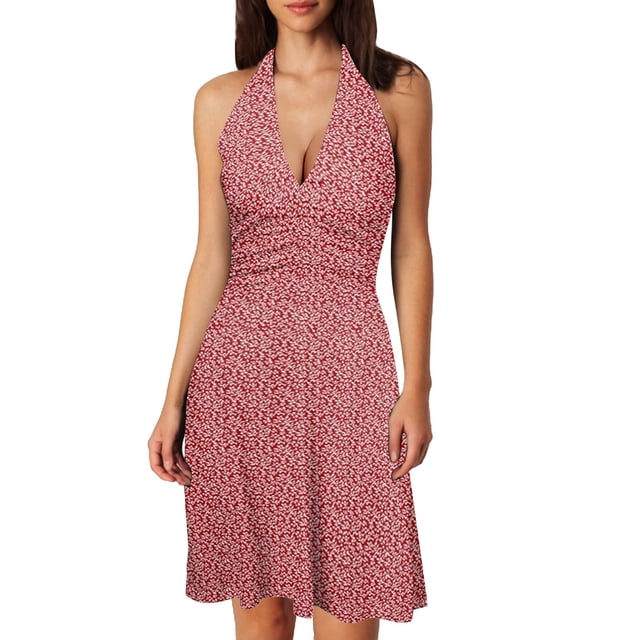 Women Summer Sleeveless Neck Women Long Dress Spring Boho Floral with Lady Summer Dress Pocket Elastic Waist Ruffle Sundresses for Women Casual Summer Midi Length Mini Dresses