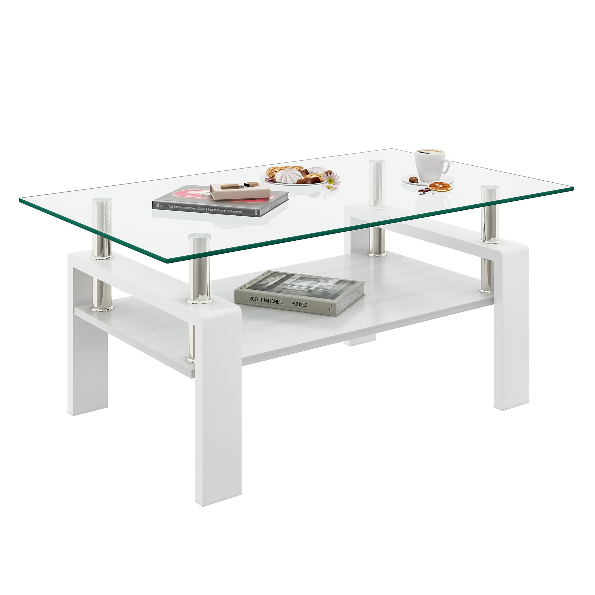 Euroco Rectangle Coffee Table, Tempered Glass Tabletop with MDF Layer, Modern Table for Living Room , Transparent Glass