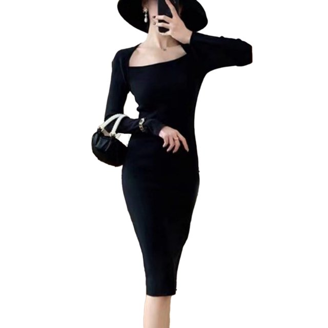 Vestido ajustado Vintage para mujer, vestido ajustado de manga larga, cómodo, transpirable, con cuello cuadrado