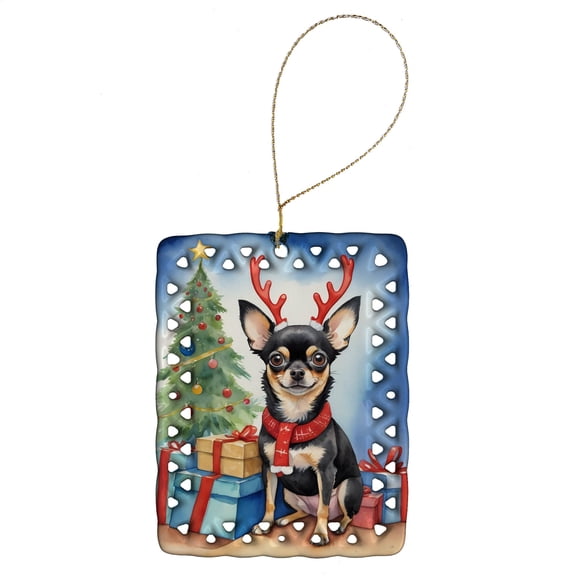 Carolines Treasures DAC7755CO2 3.4 x 2.6 in. Black & Tan Chihuahua Christmas Reindeer Porcelain Ornament