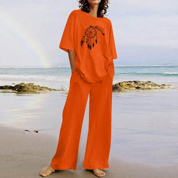 Runfenguu Womens 2 Piece Outfits Summer Women'S Casual Off Shoulder Printed Short Sleeved Round Neck Top/Shirt Loose Straight Leg Pants Set Short Sleeved Round Neck Top/Shir