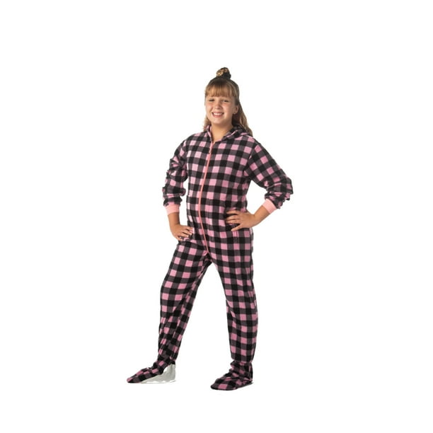 Hoodie Footed One Piece Buffalo Pink & Black Plaid Fleece Footed Pajamas  for Girls 