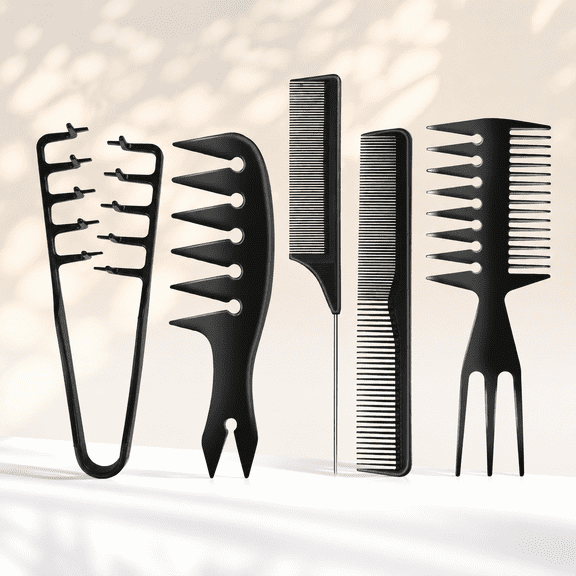 5 Pack Hair Comb Set, 3-in-1 Wide Tooth Rat Tail Fish Texture Styling Combs, Barber Grooming Tools for All Hair Types