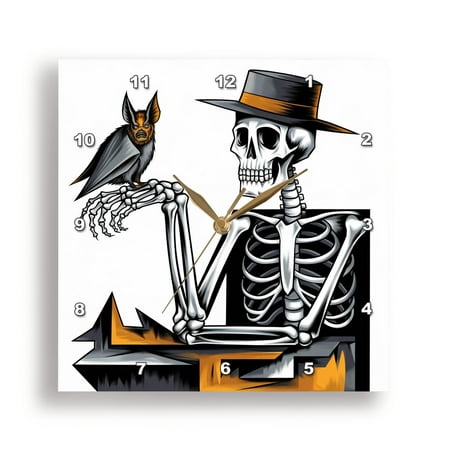 3dRose, Funny Cool Skeleton and Bat on his Arm Abstract Halloween, 13x13 Wall Clock