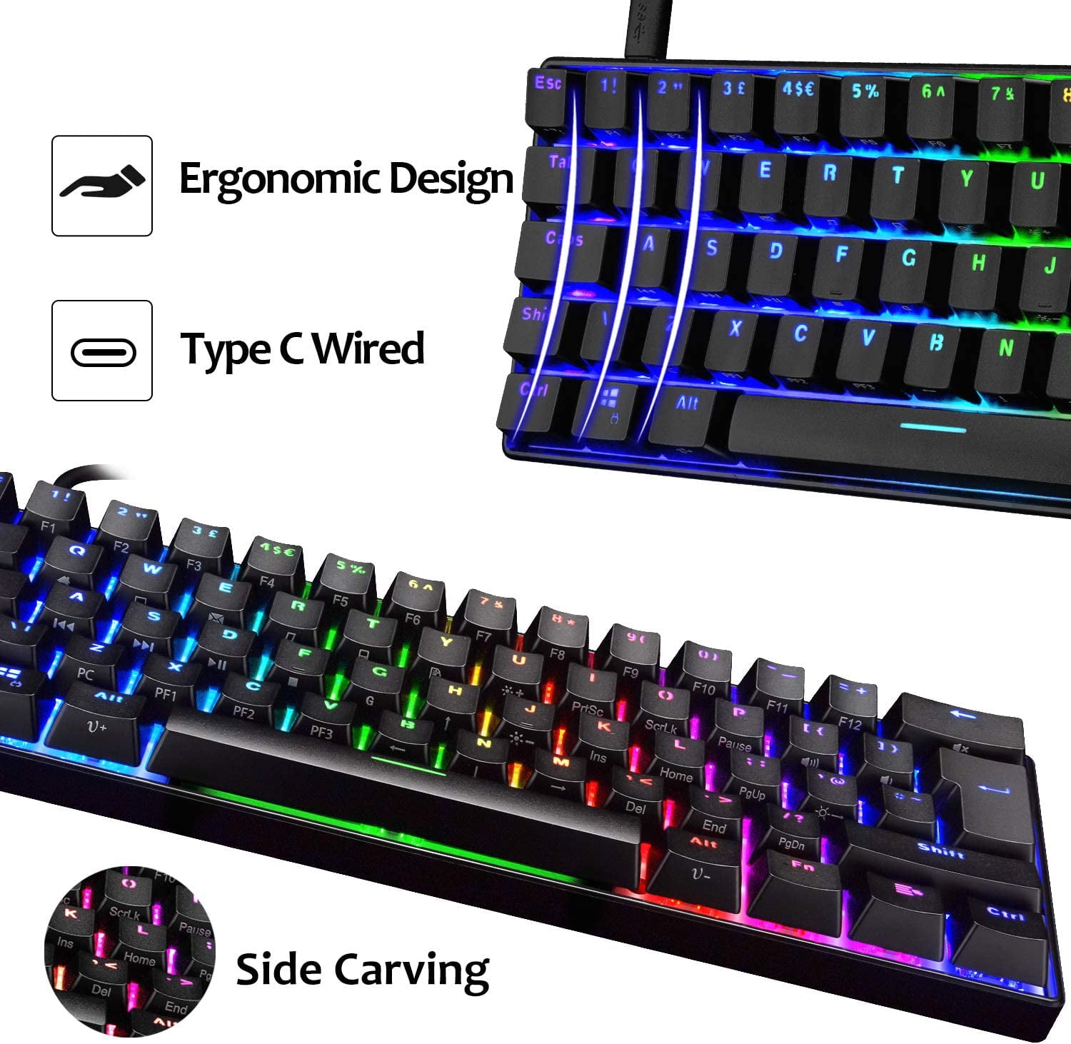 MAGIC-REFINER UK Layout 60% True Mechanical Gaming Keyboard Type C Wired 62 Keys RGB LED Backlit USB Waterproof Keyboard Full Anti-ghosting Keys for Computer/PC/Laptop/MAC (Black/Blue Switch)