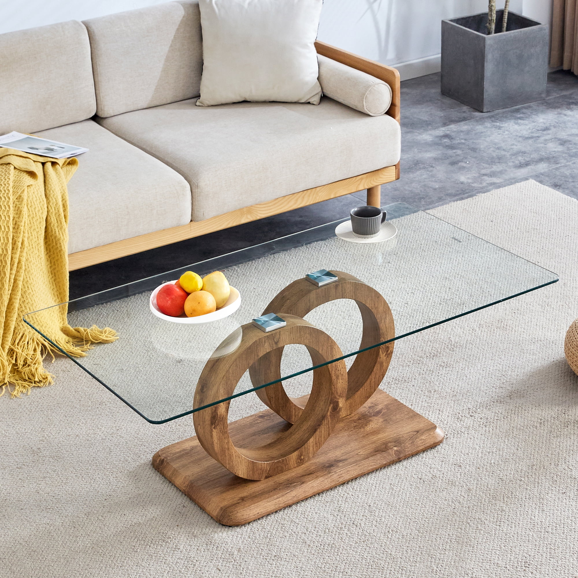 TesNus Modern Style Rectangle Glass Coffee Table for Living Room, Office,47.2" Stylish Center Table with MDF Base, Clear Tempered Glass (Natural)