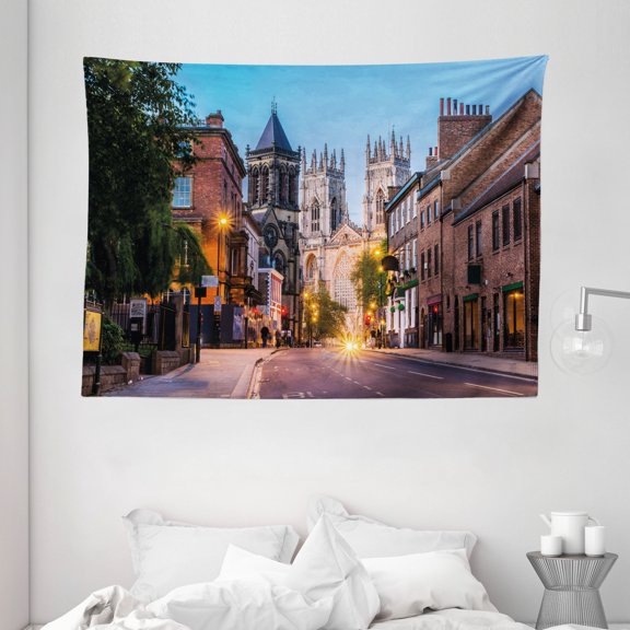 Gothic Decor Tapestry, York Minster View in Evening Cityscape Historical Landmark Street in England, Wall Hanging for Bedroom Living Room Dorm Decor, 80W X 60L Inches, Multicolor, by Ambesonne