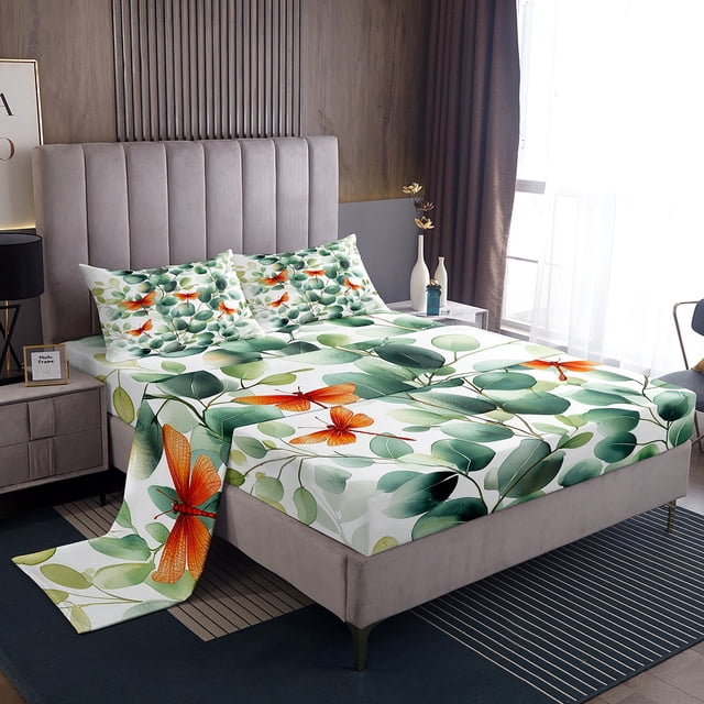 YST Ensemble de Draps de Lit Simple à Feuilles Vertes d'Eucalyptus, Ensemble de Literie à Feuilles de Plantes Botaniques pour Enfants Adultes, Draps Colorés Dragonfly Style Rustique Campagnard Ensemble de Draps-Housses 3 Pcs