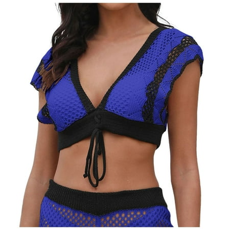RUTAYY Swimwear Women Tops Contrast Color Stitching Deep V Woven Tops Bikini Tops Beach Cropped Cover Up Tropical Swim Wear