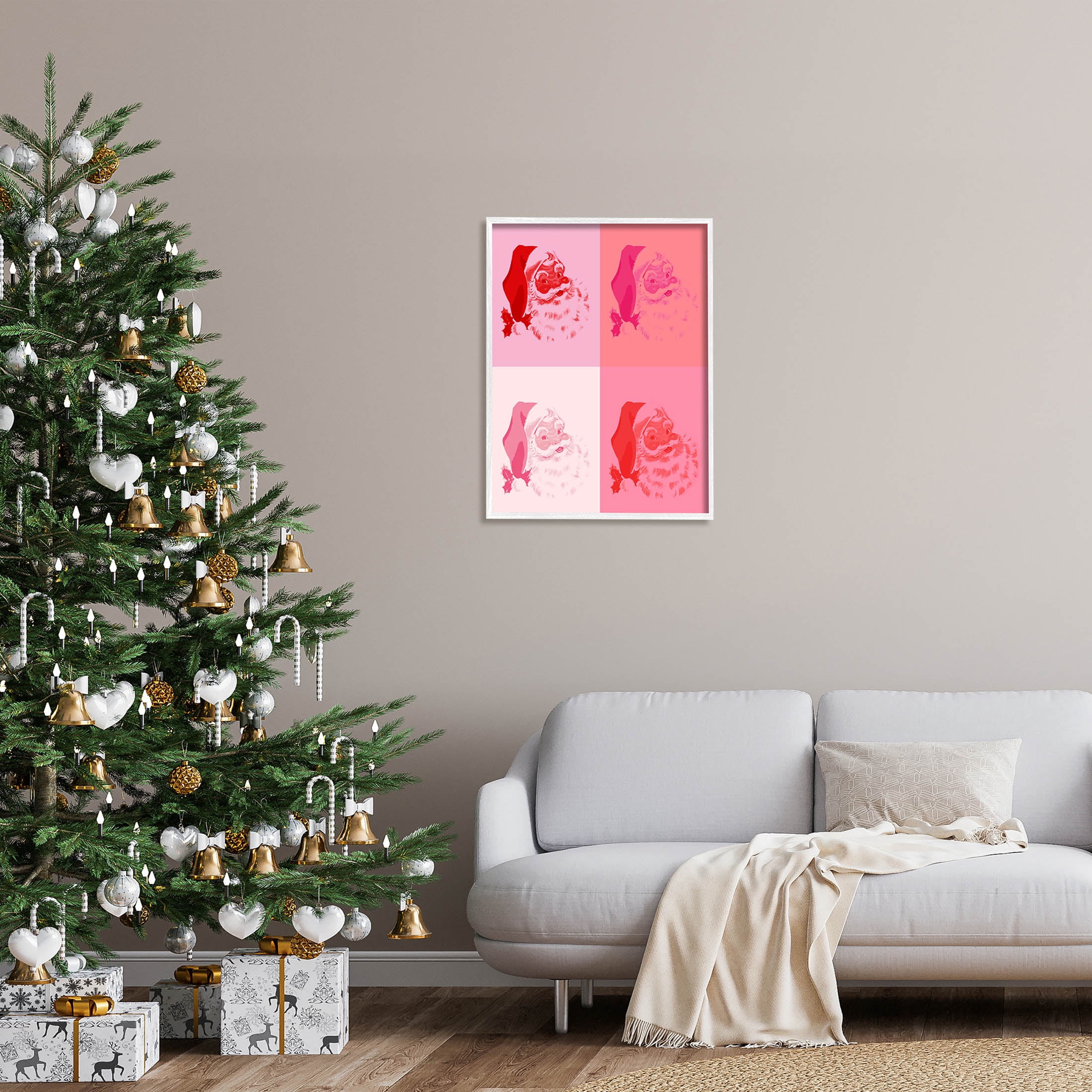 Pop Style Pink Santa Claus Holiday Graphic Art White Framed Art Print Wall Art