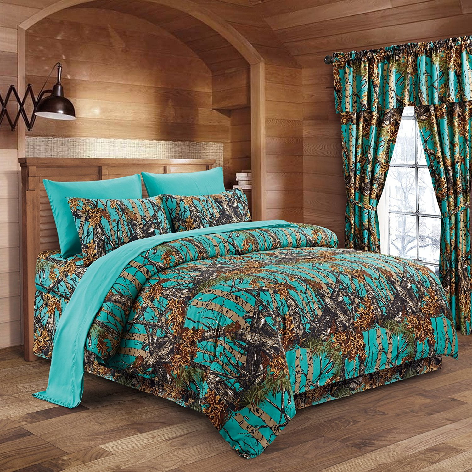 TEAL CAMO KING COMFORTER QUEEN SHEET CAMOUFLAGE TWO CURTAINS 17 PC MIXED SIZE! 