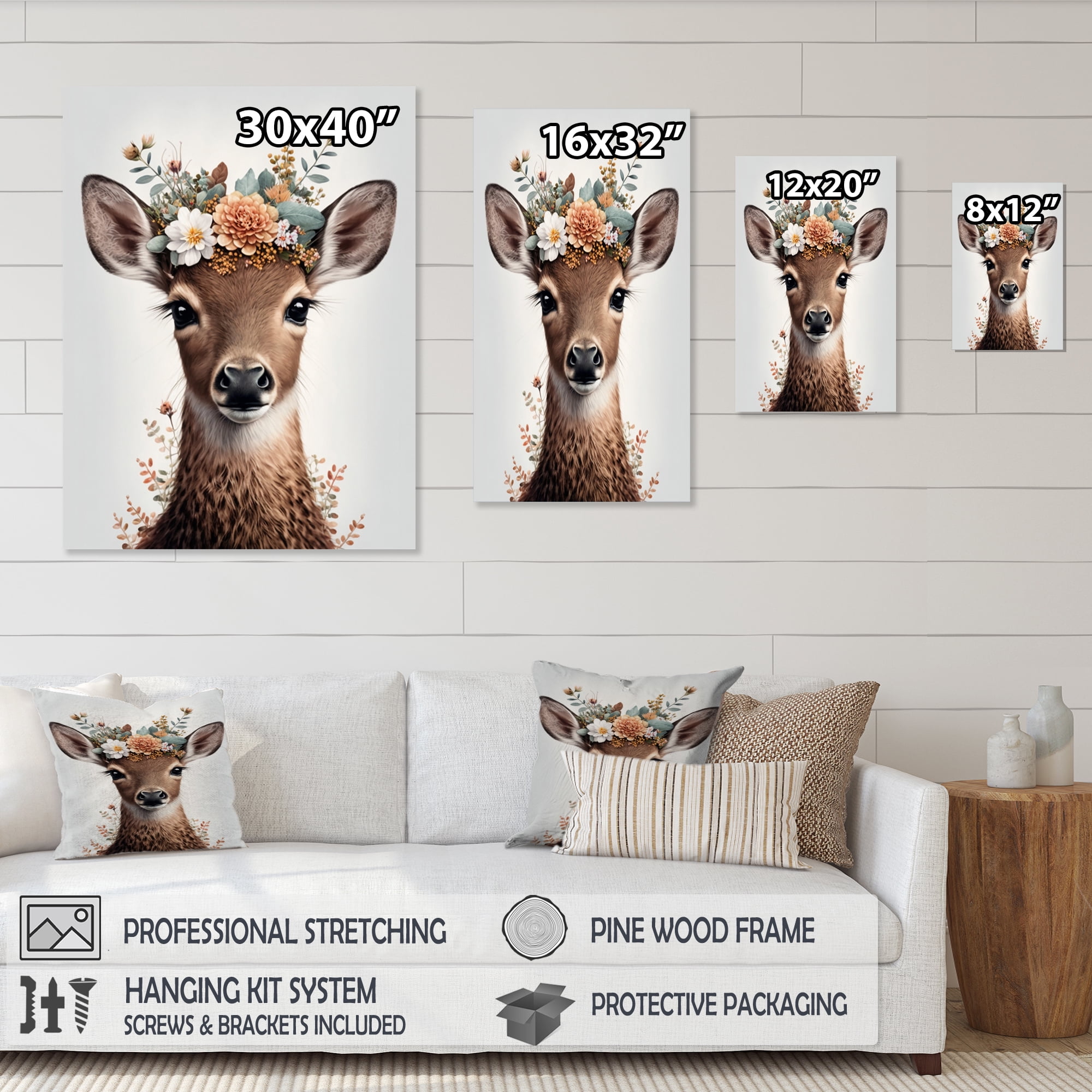 Designart Cute Baby Deer With Floral Crown III Canvas Wall Art