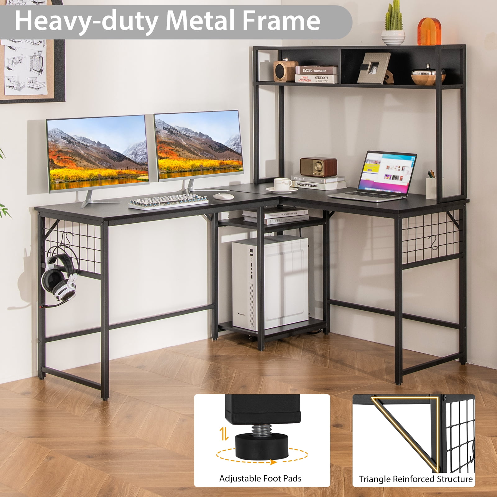 Giantex L Shaped Desk, Sturdy Computer Desk w/ Power Outlet, Long Corner Desk Home Office Table, Black