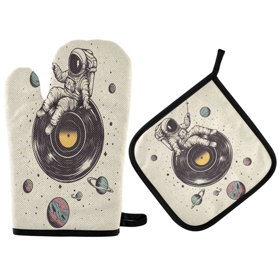 Yayeee Oven Mitts and Pot Holder Set of 2 Heat Resistant Kitchen Gloves Baking Hot Pad, Beige Astronaut Planet