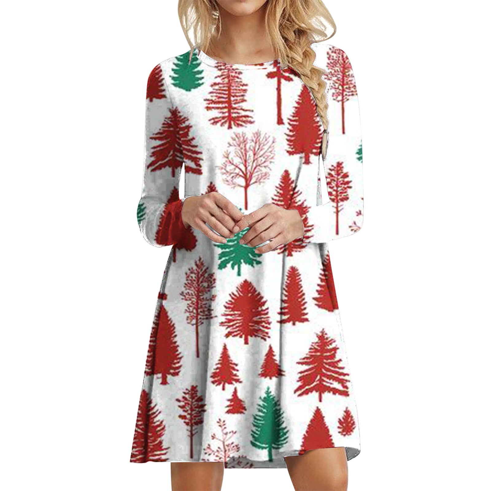 Ladies Christmas T Shirt Dress Round Neck Long Sleeve Snowflake Xmas