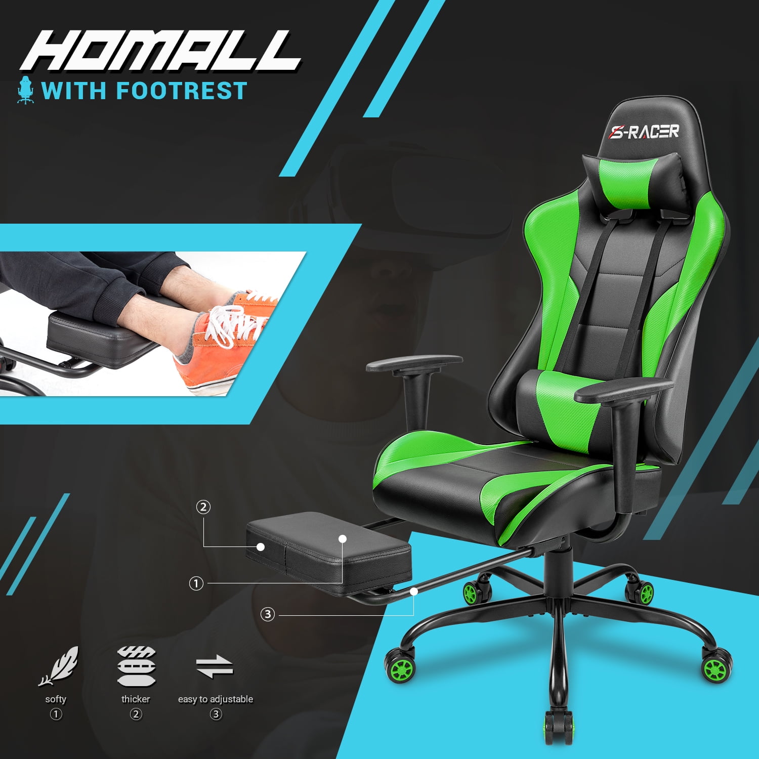 Homall Gaming Chair Massage Office Chair High Back PU Leather Chair with Footrest, Black