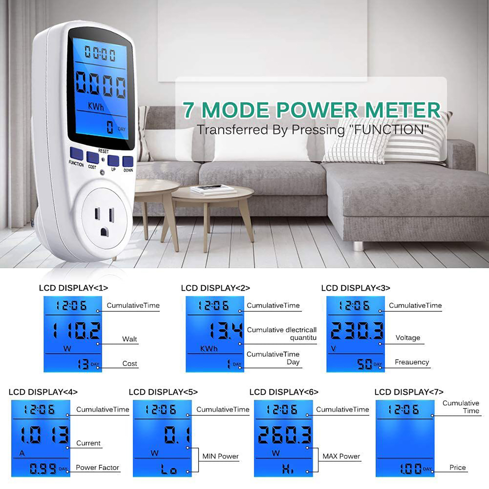 SOONHUA Power Meter Energy Voltage Amps Electricity Usage Monitor, Digital Meter Measuring Outlet Socket Volt Voltage Wattmeter, Electricity Usage Monitor for Home