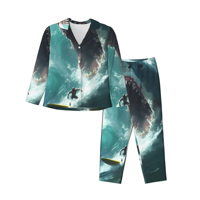 Kdxio Pyjama de Surf Imprimé Requin pour Femmes Ensemble 2 Pcs Boutonné Manches Longues Surdimensionné avec Poches-TG