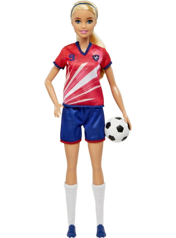 Barbie Soccer Doll, Blonde, #9 Uniform, Soccer Ball, Cleats, Socks, 3 & Up