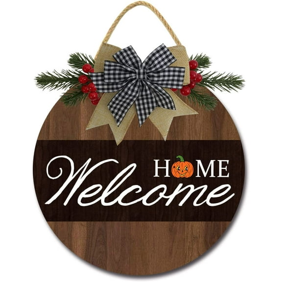 Eveokoki 12" Welcome Home Pumpkin Funny Signs for Front Door Farmhouse Porch ,Rustic Round Wooden Hanging Wreaths for Housewarming Gift Halloween Festival Decoration Outdoor Indoor Wall Decor