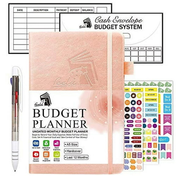 Budget Planner, 2025 Monthly Undated Bill Organizer Hardcover Financial Journal, Feela Money Expense Tracker with Budget Envelopes, Stickers, 1 Pen, User Manual, A5, Last 12 Months, Rose Gold