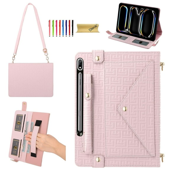 Dteck Portfolio Bag for Samsung Galaxy Tab S10 Plus / S9 FE Plus / S9 Plus 12.4-inch Tablet Case, Crossbody Business Folio Stand Case with S Pen Holder/Card Slots/Thin Pocket/Hand Strap,Pink