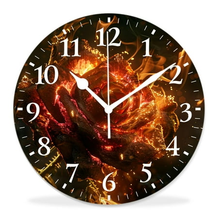 10 Inch Wall Clock Battery Operated Silent Clock Decorative for Office, Kitchen, Outdoor, Living RoomPretty Fire Rose with Sparkle Flame Smoke Simple