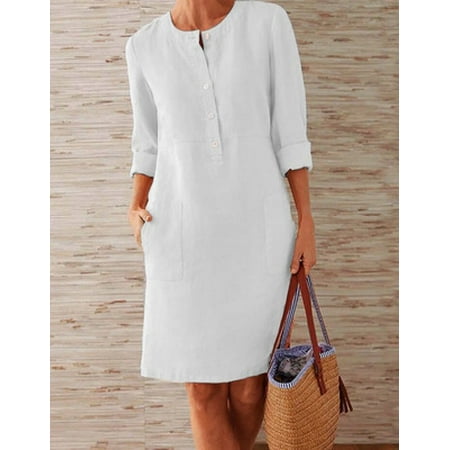 Women Autumn Cotton Linen Fashion Button O-Neck Long Sleeve Pocket Solid Dresses