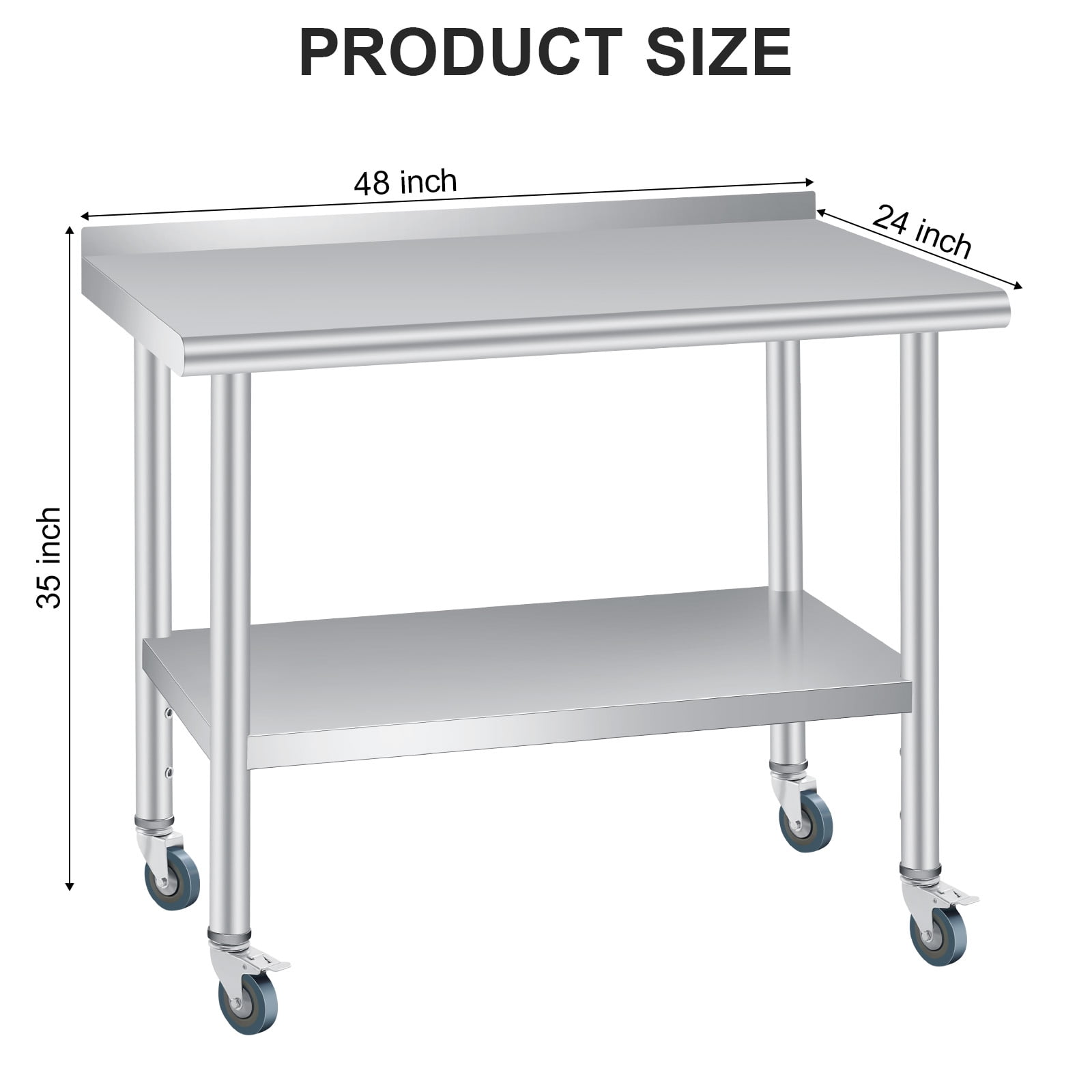 Stainless Steel Prep & Work Table with Backsplash - Adjustable Undershelf - 4 Locking Wheels - Commercial Kitchen Restaurant Home Outdoor Use - Size: 48x24 Inch